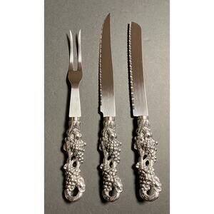 Vtg Arthur Court Aluminum Hollowware Carving Set Grape Pattern Fork and 2 Knives